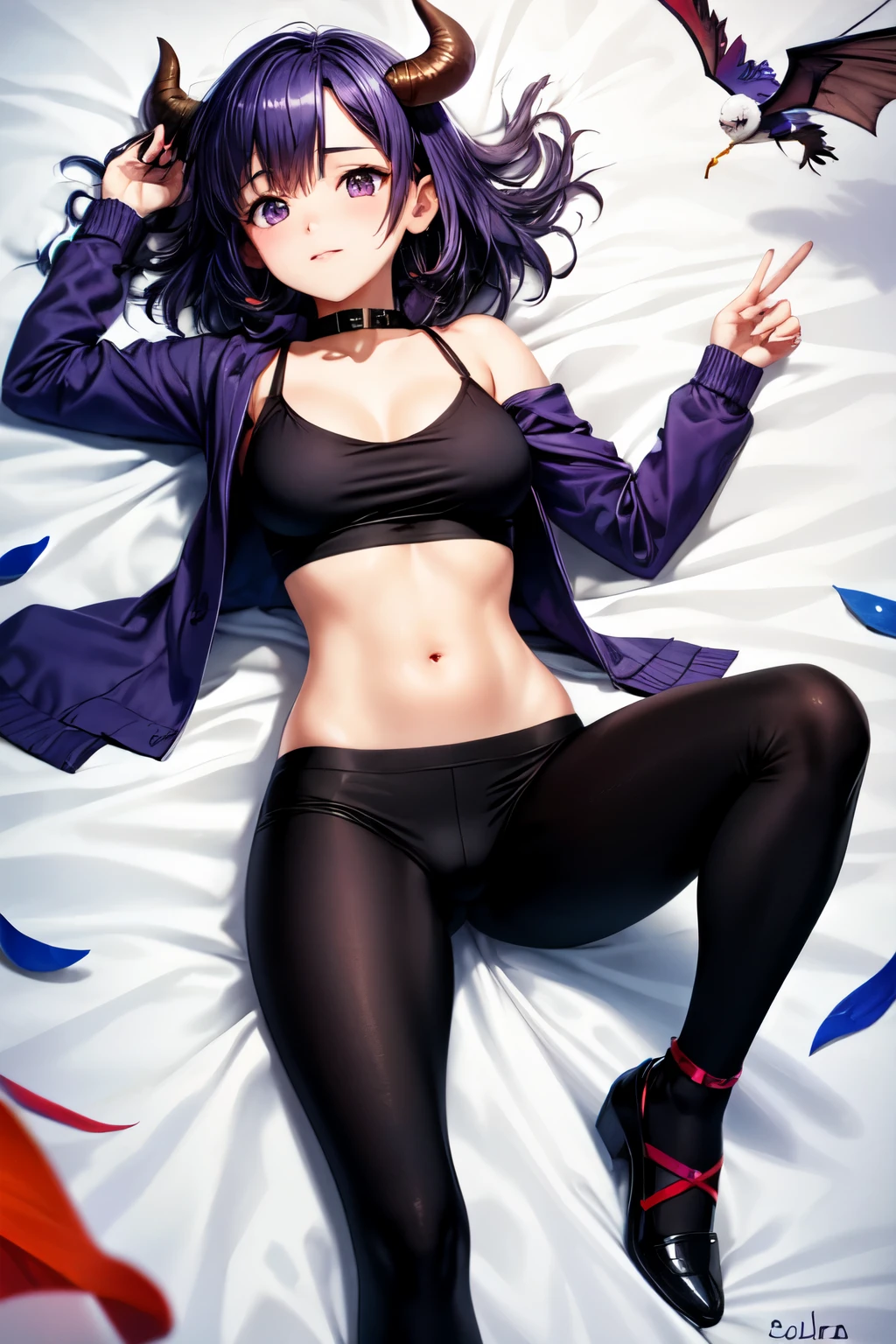 Has a una succubus de piel clara, falda corta morada, sueter corto del abdomen color morado, medias largas color morado de lineas, camisa negra corta del abdomen, zapatos casuales, collar ajustado con una gema azul con alas, cabello corto blanco, piel clara ojos morados, se encuentra volando disfrutando de su libertad