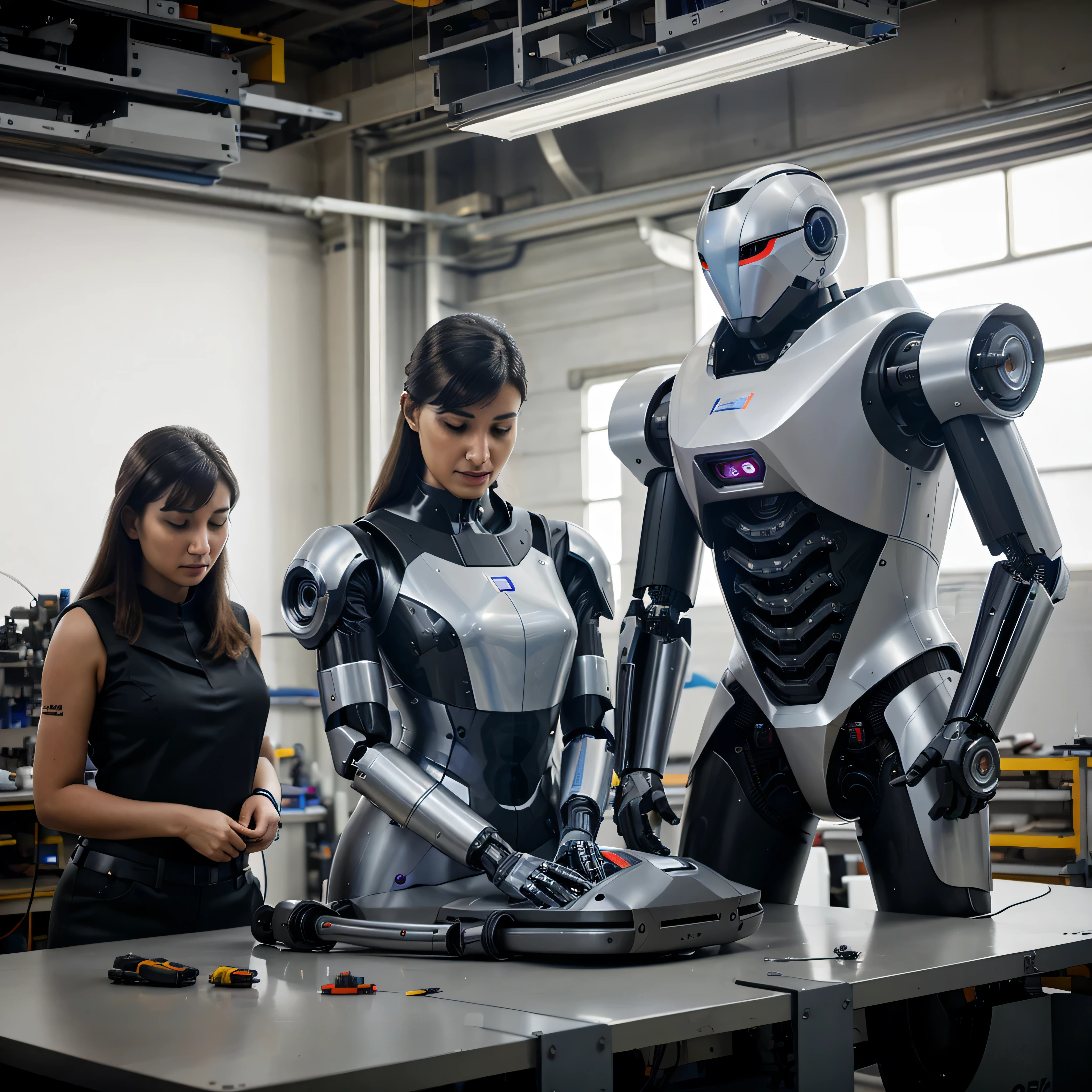 Engineers assembling a prototype robot in a high tech workshop, futuristic sleek design