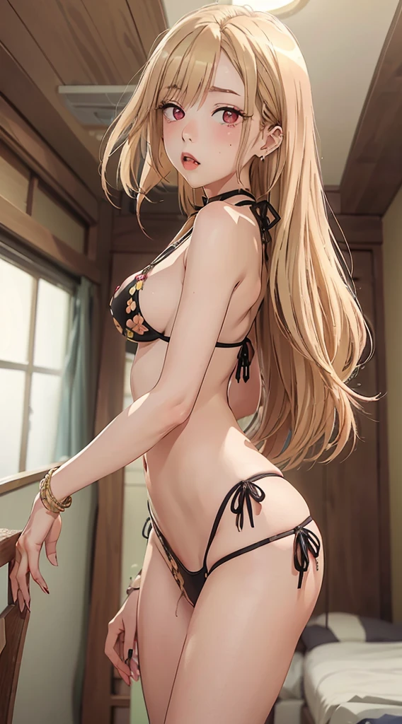 marinlora, 1girl, long hair, blonde hair, blush, indoors, bracelet, black bikini, side-tie bikini bottom, halterneck, black choker, piercing, floral print, ear piercing, string bikini, ((sexual:1.9)), ((subject in the distance:1.3), (three vanishing point perspective seen from below:1,6)