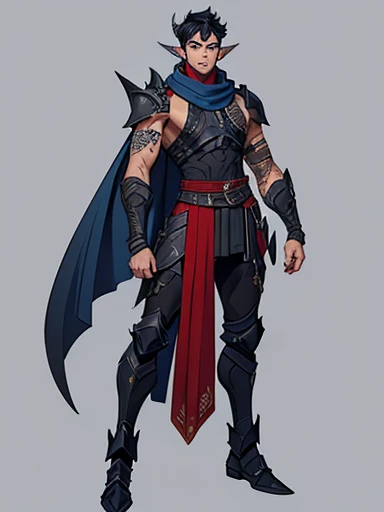 Human Male, pointer ears,face Tattoo , Black Scales Full armor, blue  ,Black hair , red Scarf , Full body, Bandage