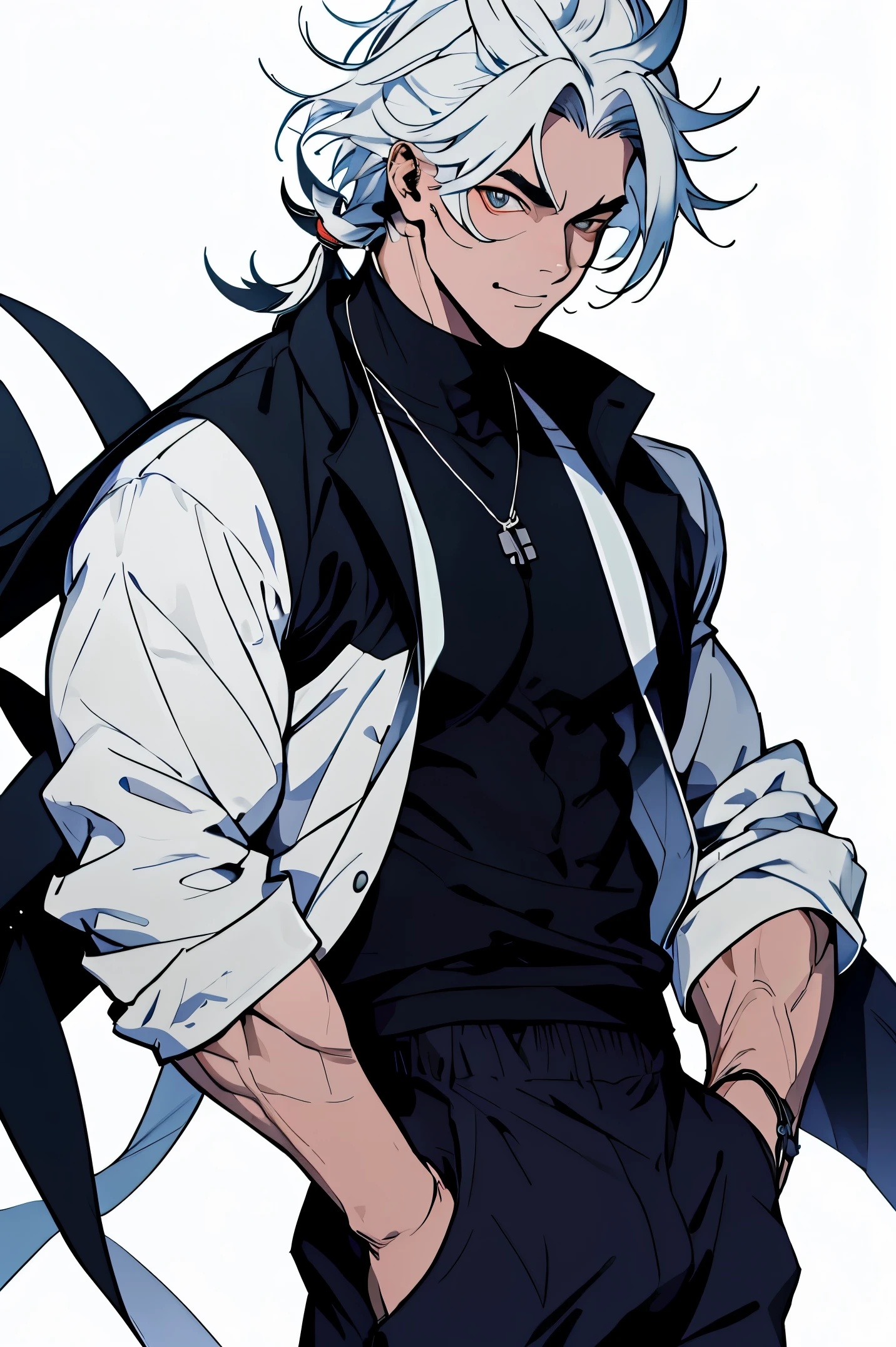 Macho bonito, ele tem cabelo branco, quase sempre despenteado, e sempre penteado pra cima,tip cabelo do personagem Satoru Gojo do anime Jujutso Kaisen, mas tem um certo olhar para ele. He's tall, com ombros largos, musculoso. His face is very masculine, mas ele tem olhos realmente gentis. Olhos azuis cristalinos extremamente atraentes,cara de cafajeste, The eyelashes as well as the hair and eyebrow are white as snow,mas sem exagerar. large bulge. pants pants. camisa de gola alta e preta,um homem muito atraente.