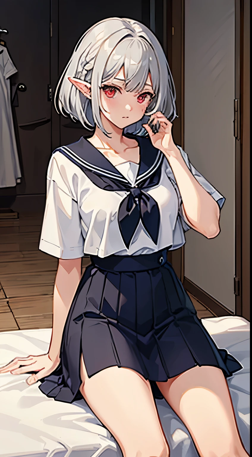 ((Embarrassing)), ((Changing clothes)), ((Put your hands on your face)), ((Slouched)), 1 Whole body of a girl, elvish, ((silber hair)), Red Eyes, bob cuts, Braided hair, student clothes, a sailor suit, inside in room, speculum, gender change, concept-art, beautiful anime scene, Beautiful anime scenery, top-quality, masterpiece, 4K