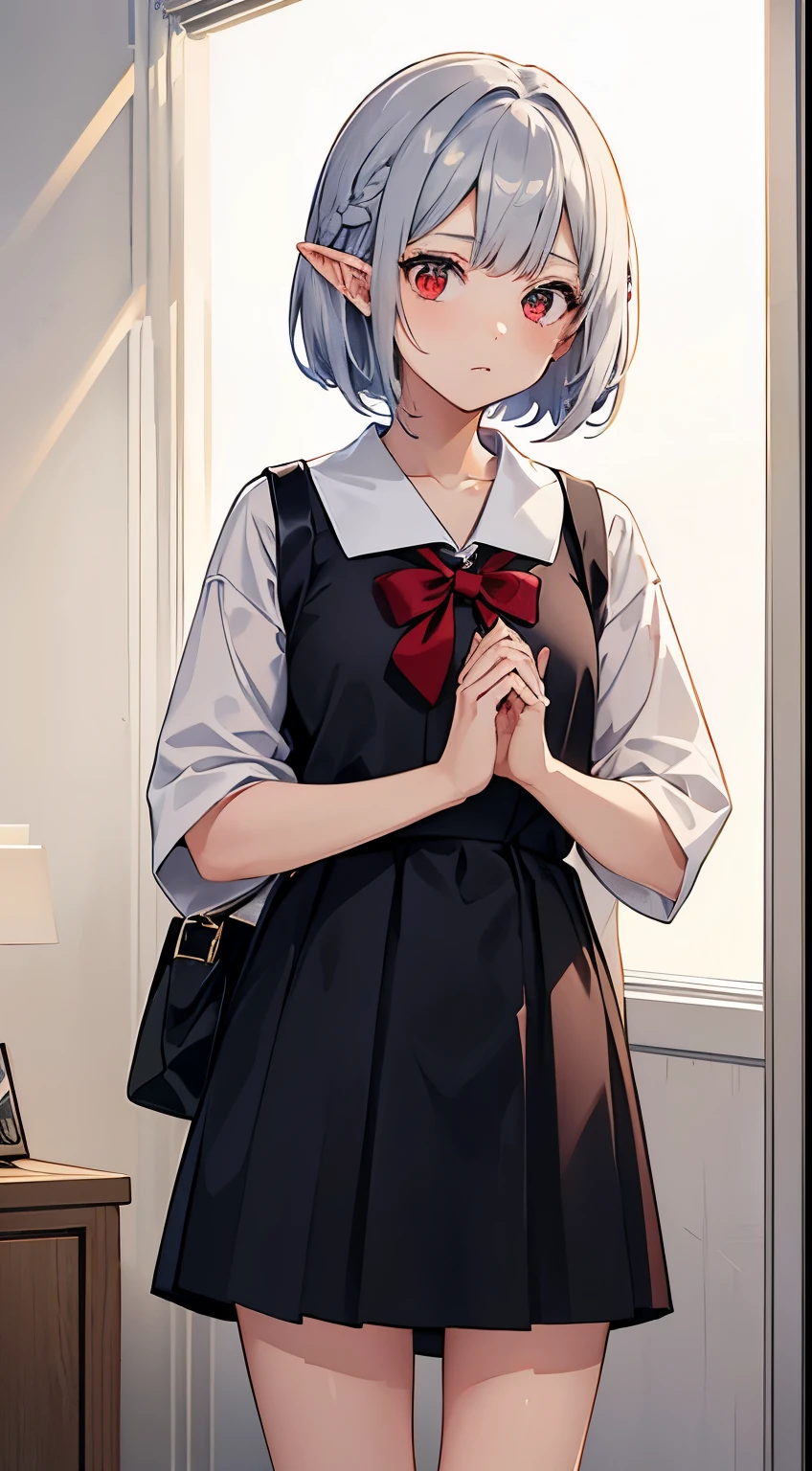 ((Embarrassing)), ((Changing clothes)), ((Put your hands on your face)), ((Slouched)), 1 Whole body of a girl, elvish, ((silber hair)), Red Eyes, bob cuts, Braided hair, student clothes, a sailor suit, inside in room, speculum, gender change, concept-art, beautiful anime scene, Beautiful anime scenery, top-quality, masterpiece, 4K