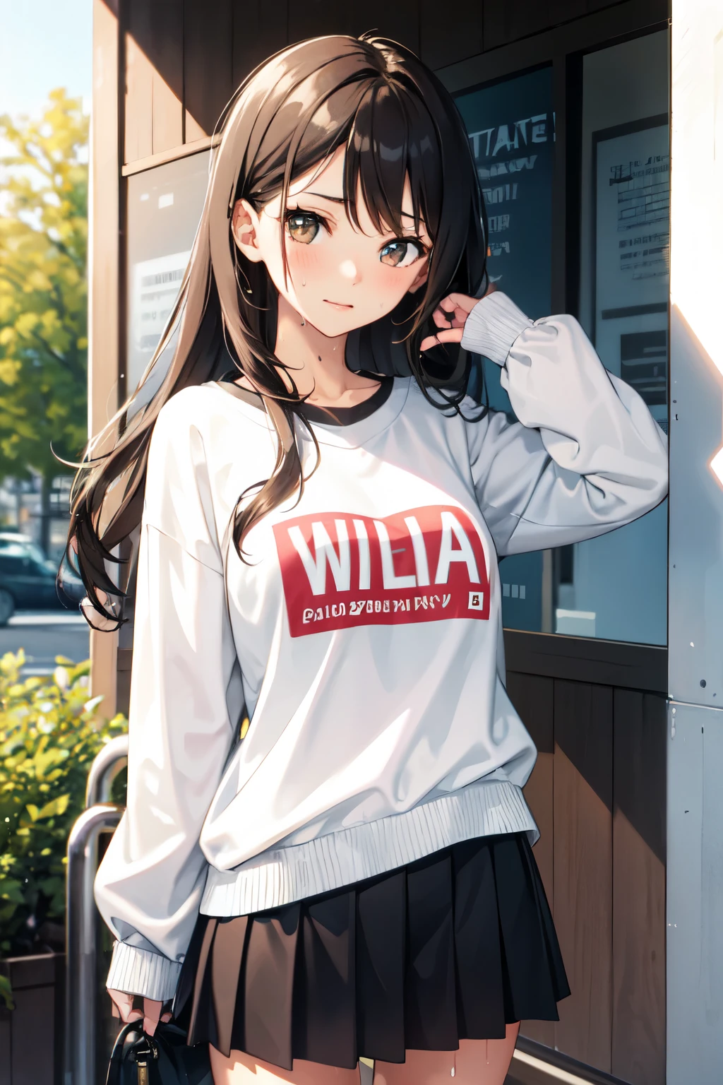 Girl brown long hair, fringe, sweat-shirt and skirt, looking someone else