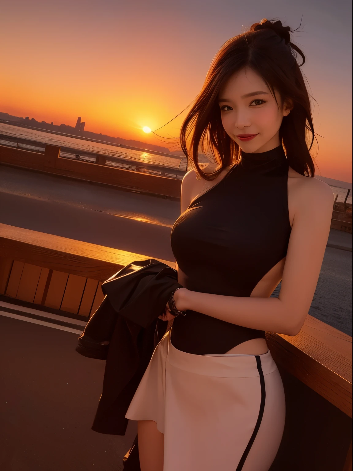 1 punk girl, fish eye, Self-shot, Wind, hair messy, Sunset, Cityscape, (Aesthetics and atmosphere:1.2),Smiling、Hyper-realistic、masutepiece