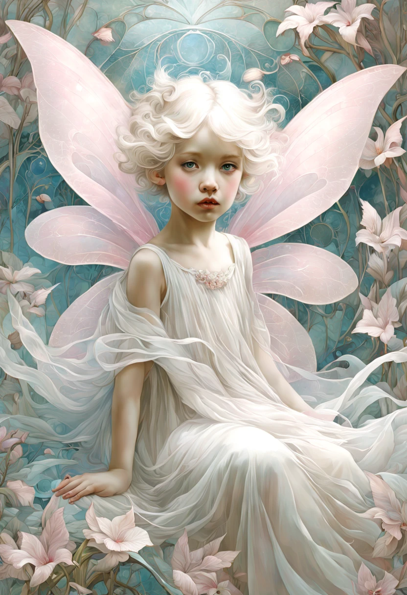 high quality, highly detailed, fantasy, At the forefront of this enchanting scene stands a fantastical 4 year old little fairy with pink wings , Serene Whispers in Soft Hues ,james jean aesthetic, inspired by Gottfried Helnwein, inquisitive. detailed expression, white - blond hair,, james jean and fenghua zhong, realistic renaissance portrait a harmonious fusion of the whimsical beings imagined by Richard Burlet, Ida Rentoul  and Iris Esther  and the organic fluidity found in THE STYLE OF William Morris and   Alphonse Mucha's art nouveau lines, she  becomes a captivating focal point, embodying the essence of surreal enchantment and organic elegance, Adding an otherworldly touch, an ethereal elegance with classic christmas decorations, HDRI