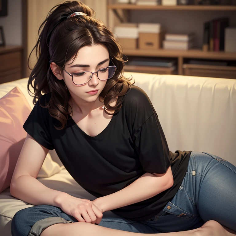 (Cute boy), long dark brown curly hair, ponytail haircut, wearing black tshirt and slim jean, living room, brown eyes, perfect, highly detailed, (flat chest:1.3), (25 years old:2), (small square glasses:1.1), (curvy body), hairless face, sleeping, eyes closed, slight smile