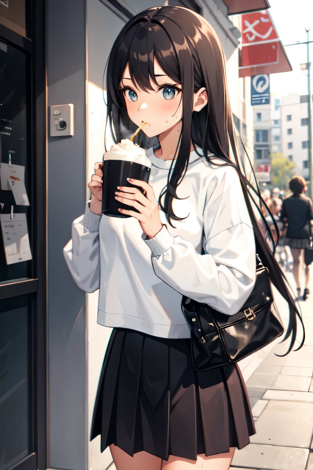 Girl brown long hair, fringe, sweat-shirt and skirt, looking someone else, eating