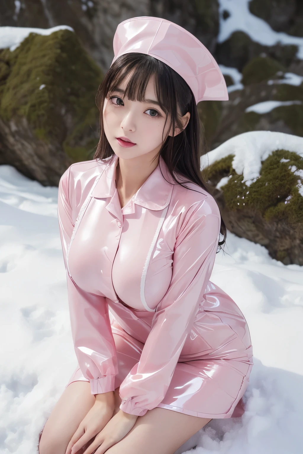 (1人の女性、japanes、22year old、Refreshing、unclear、Gentle、stylish、attractive narrow eyes、wretched、天使のようにcute little、cute little、cute、bbw、Black eyes、idol,女優,Sagging milk),(large drooping breasts).(very cute)、(A dark-haired),mesmerizing eyes、(in 8K、Raw photography、top-quality、masterpiece:1.2、optimal lighting)、masterpiece,(Photos taken by professional photographers),(realisitic、フォトrealisitic:1.37),break,( A nurse's uniform ),(A slightly naughty pink nurse uniform made of latex material.),outdoor,dynamic angle,mountain climbing,,The top of a high snowy mountain,A painful and sad look,shy