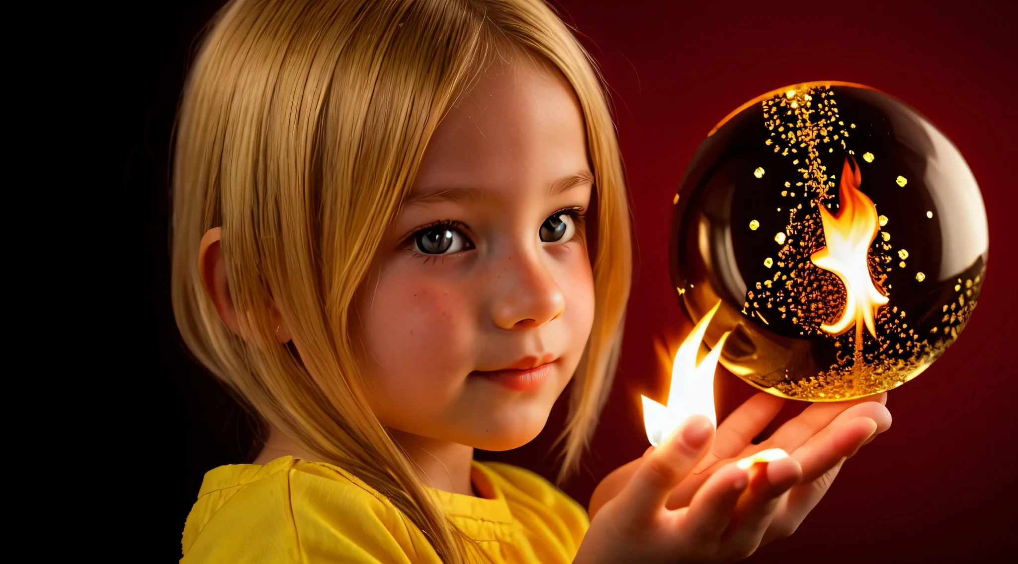 BLONDE KIDS GOLDEN ANGEL GIRL with a flaming crystal ball in her hand. fundo vermelho