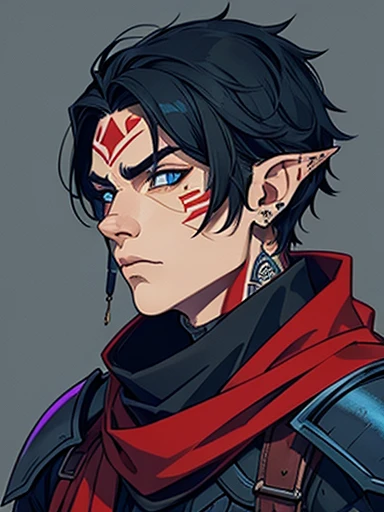 Human Male, pointer ears,face Tattoo , Black Scales Full armor, blue ,Black hair , red Scarf , Full body, Bandage , bones Snack