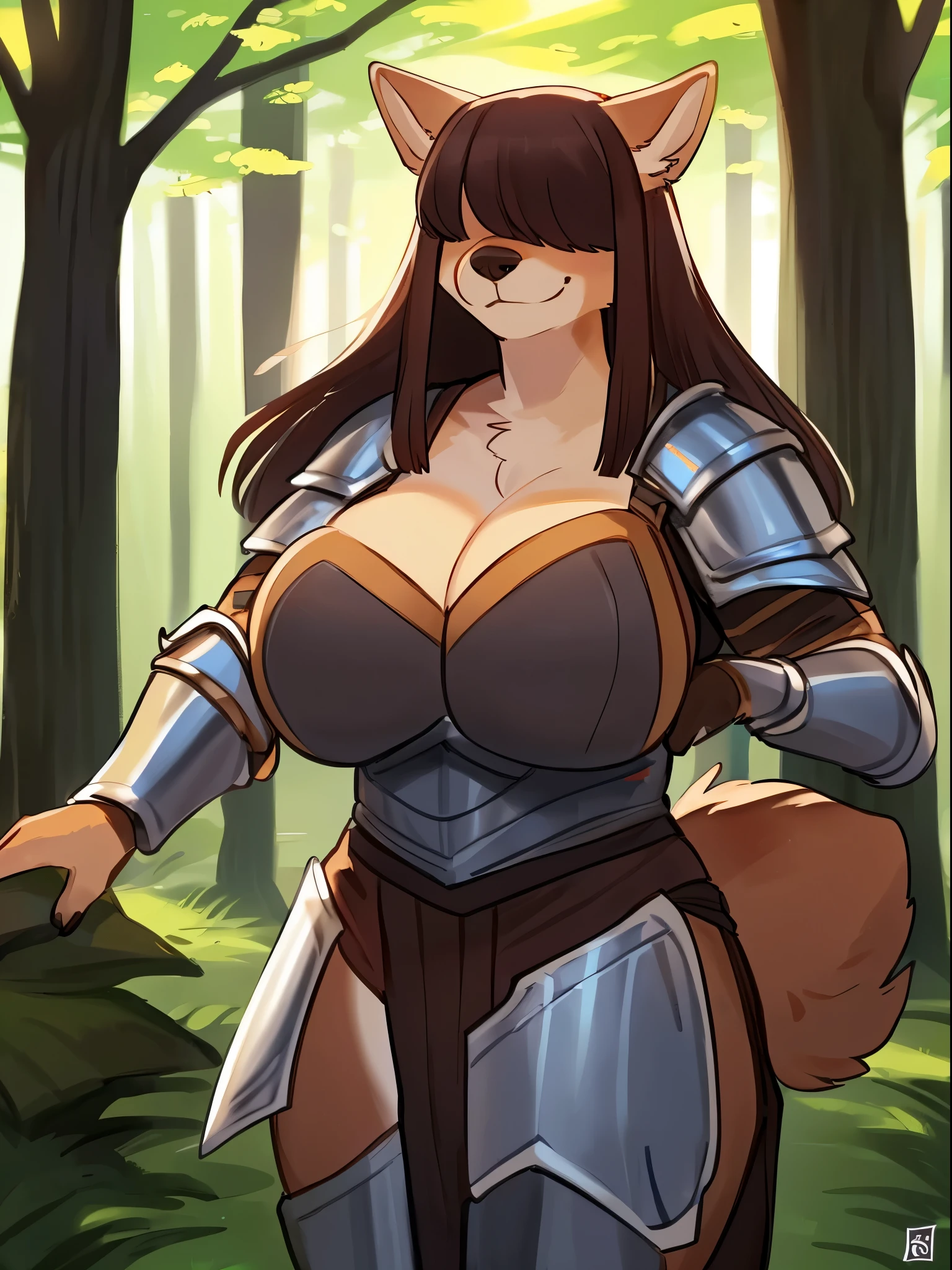 By bebebebebe, by lostgoose, by goonie-san, female, ((canine, snout, hair covering eyes, straight hair, medium hair, flat hair, ears, thin snout)), brown fur, big poofy tail, raised tail, dark maroon hair, ((muscular, )), solo, smiling, happy, standing, forest, curvy, ((fantasy armor))