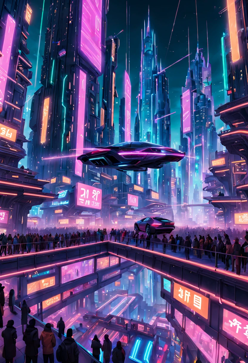 Imaginary futuristic city celebrating New Year, floating holographic displays showing countdown, neon-lit skyscrapers, flying cars emitting soft trails of light, crowds watching from elevated transparent platforms, (cyberpunk aesthetic:1.2) (vivid neon colors) (dynamic angles) (sharp focus)