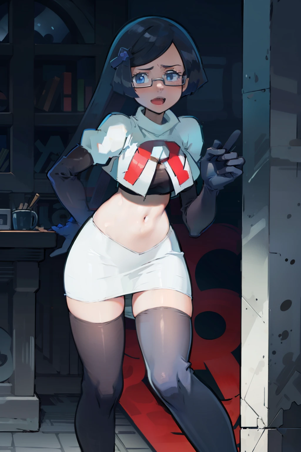 fennel_pk, glasses, team rocket,team rocket uniform, red letter R, white skirt,white crop top,black thigh-highs,black elbow gloves, sinister villianess look,