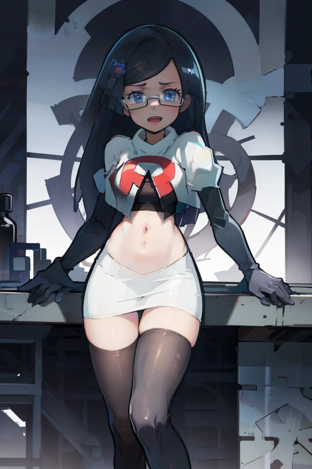 fennel_pk, glasses, team rocket,team rocket uniform, red letter R, white skirt,white crop top,black thigh-highs,black elbow gloves, sinister villianess look,