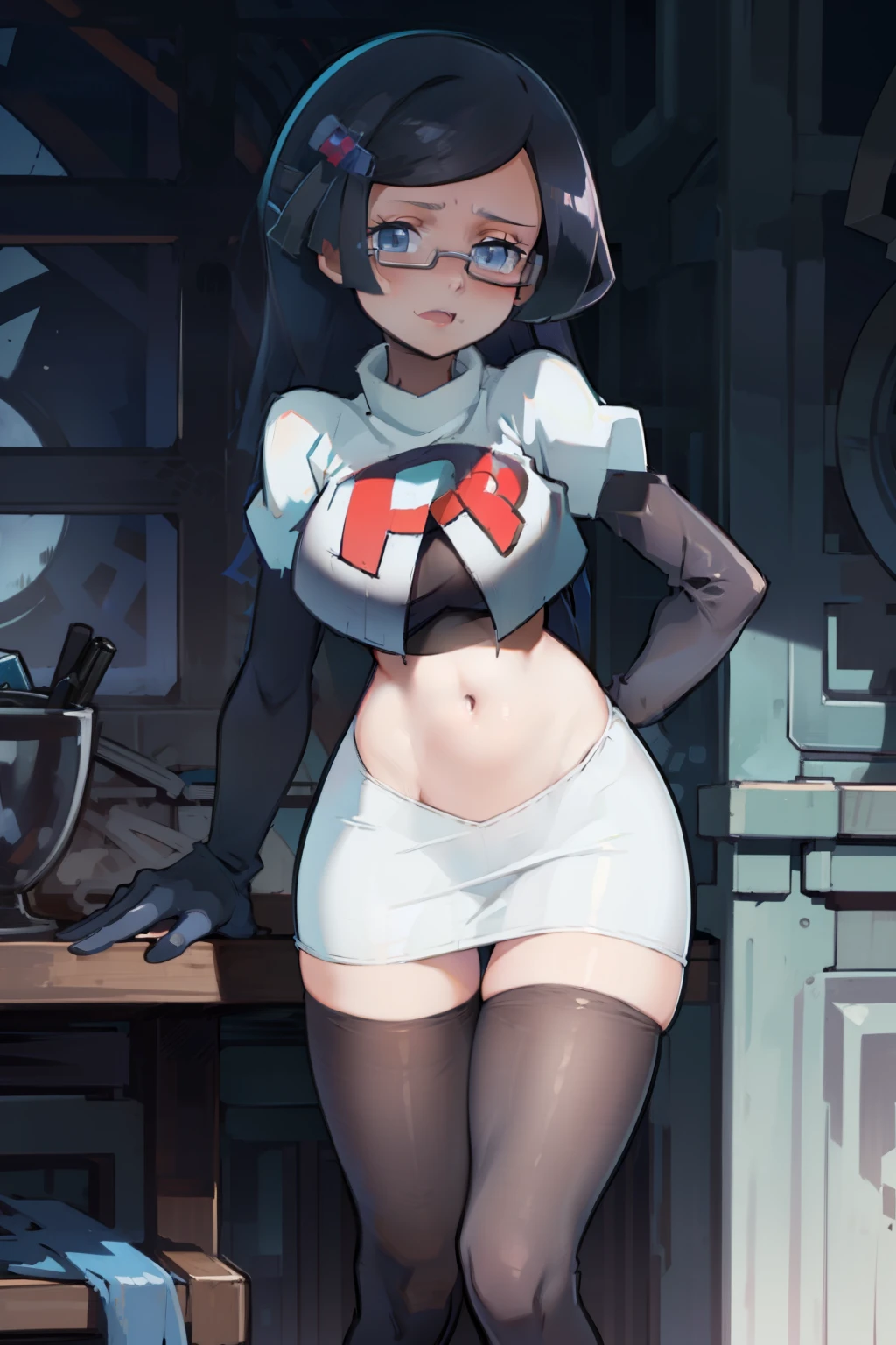 fennel_pk, glasses, team rocket,team rocket uniform, red letter R, white skirt,white crop top,black thigh-highs,black elbow gloves, sinister villianess look, looking down on viewer, hands on hips