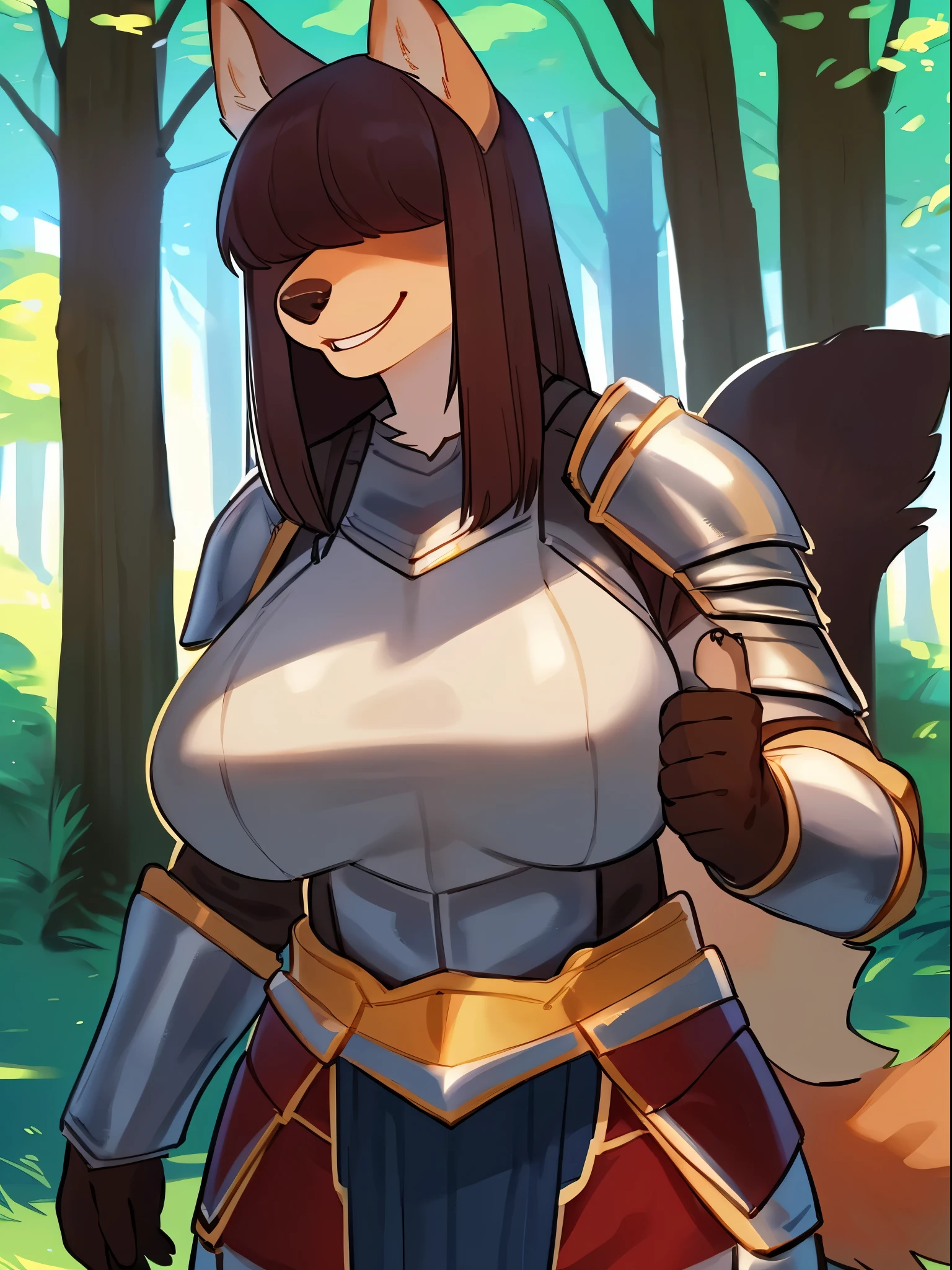 By bebebebebe, by lostgoose, by goonie-san, female, ((canine, snout, hair covering eyes, straight hair, medium hair, flat hair, ears, thin snout)), brown fur, (big poofy tail, raised tail), dark maroon hair, (muscular), (big breasts), solo, smiling, happy, open mouth, medieval city, castle in the distance, steel chestpiece, steel shoulder pads, thong
