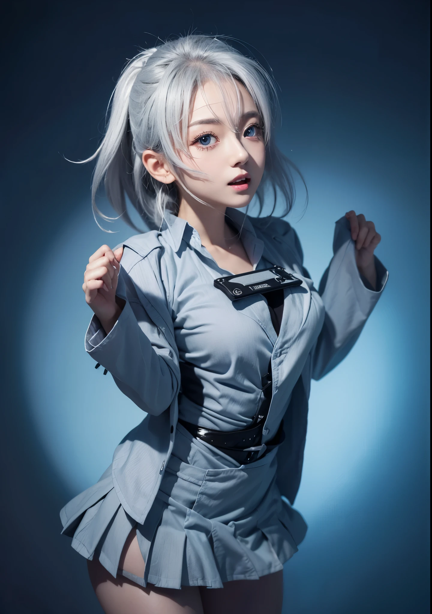 Long gray hair, White hair,Long gray hair, japan manga style , Fair skin, with her mouth open, eBlue eyes, on object, delicated face, Precise hands,4K,tmasterpiece,clean backdrop, solid color backdrop