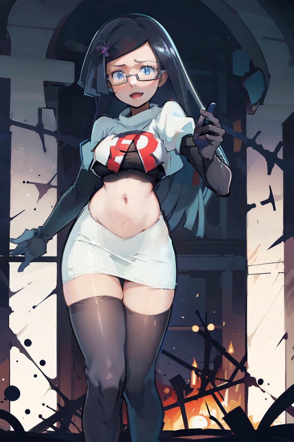 fennel_pk, glasses, team rocket,team rocket uniform, red letter R, white skirt,white crop top,black thigh-highs,black elbow gloves, sinister villianess look,