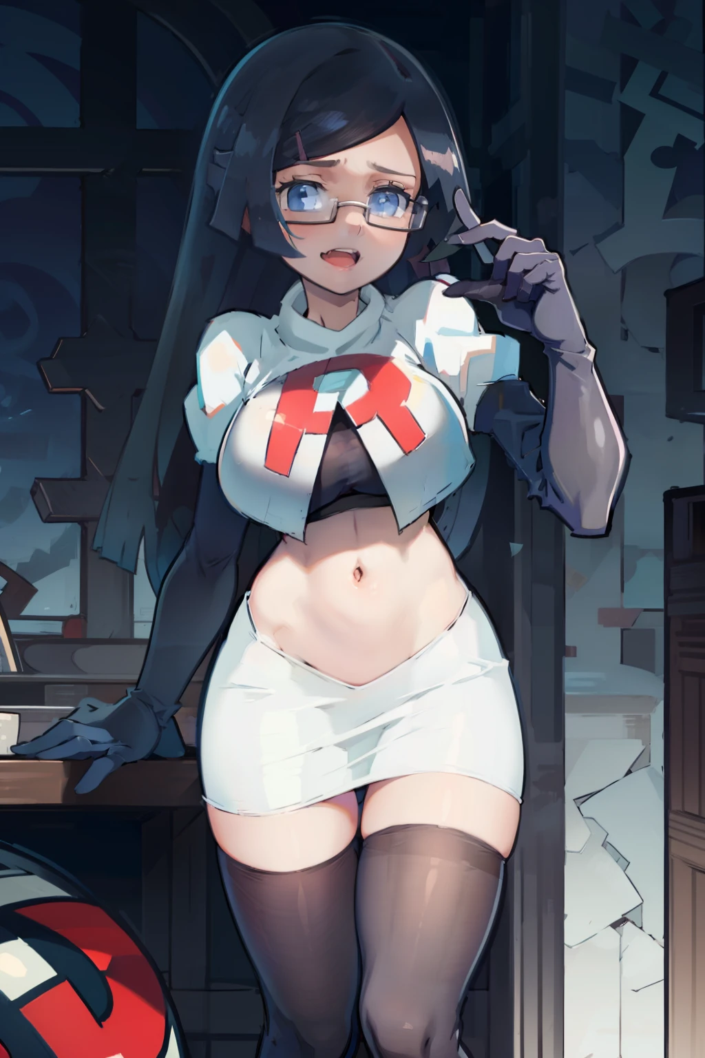 fennel_pk, glasses, team rocket,team rocket uniform, red letter R, white skirt,white crop top,black thigh-highs,black elbow gloves, sinister villianess look,