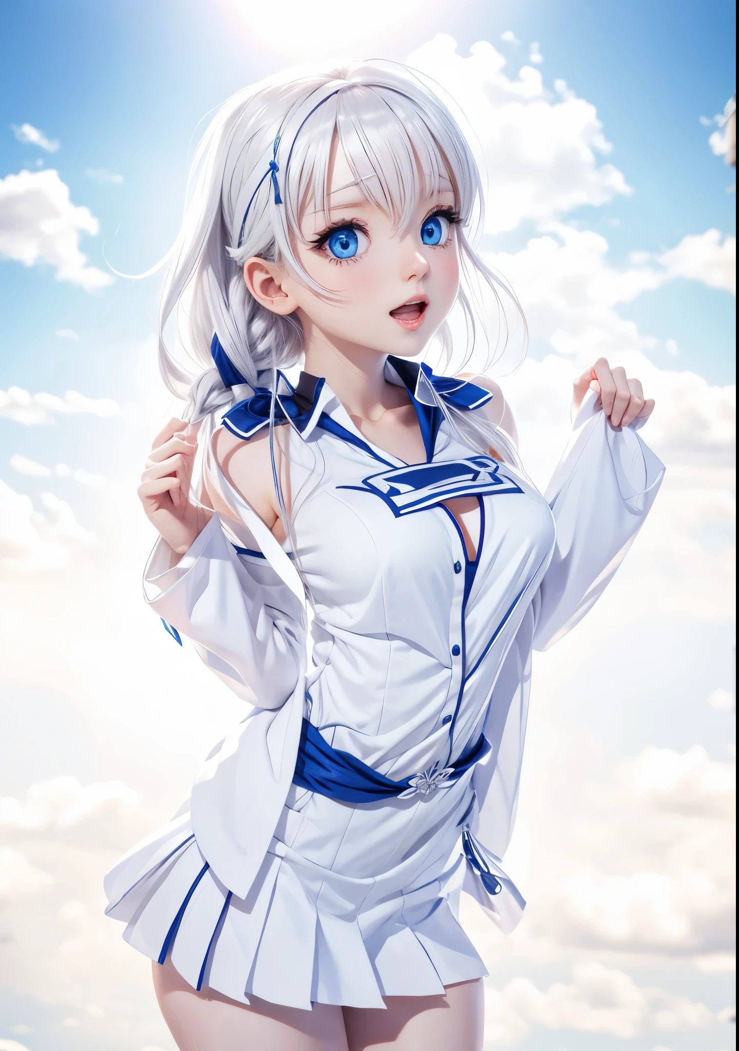 long whitr hair, White hair,long whitr hair, japan manga style , White skin of the, with her mouth open, eBlue eyes, objects on, s delicate face, Precise hands,4K,tmasterpiece,clean backdrop, solid color backdrop