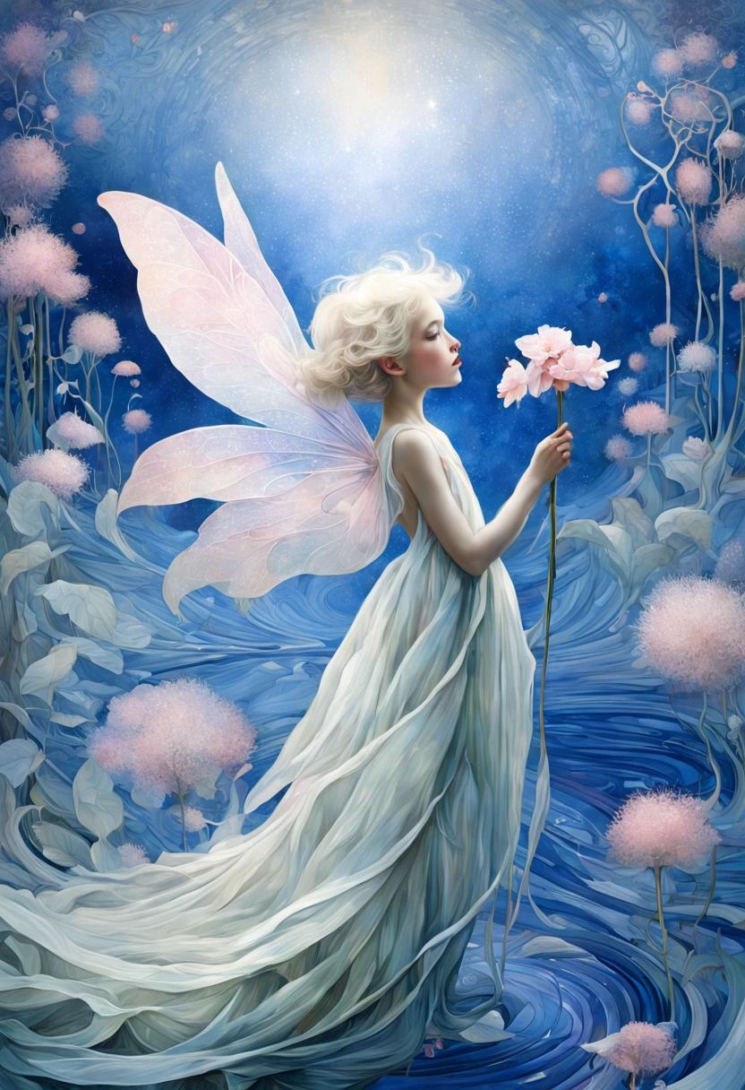 high quality, highly detailed, fantasy, At the forefront of this enchanting scene stands a fantastical 4  fairy with pink wings , Serene Whispers in Soft Hues ,james jean aesthetic, inspired by Gottfried Helnwein, inquisitive. detailed expression, white - blond hair,, james jean and fenghua zhong, realistic renaissance portrait a harmonious fusion of the whimsical beings imagined by Richard Burlet, Ida Rentoul  and Iris Esther  and the organic fluidity found in THE STYLE OF William Morris and   Alphonse Mucha's art nouveau lines, she  becomes a captivating focal point, embodying the essence of surreal enchantment and organic elegance, Adding an otherworldly touch, an ethereal elegance with classic indigo background HDRI.