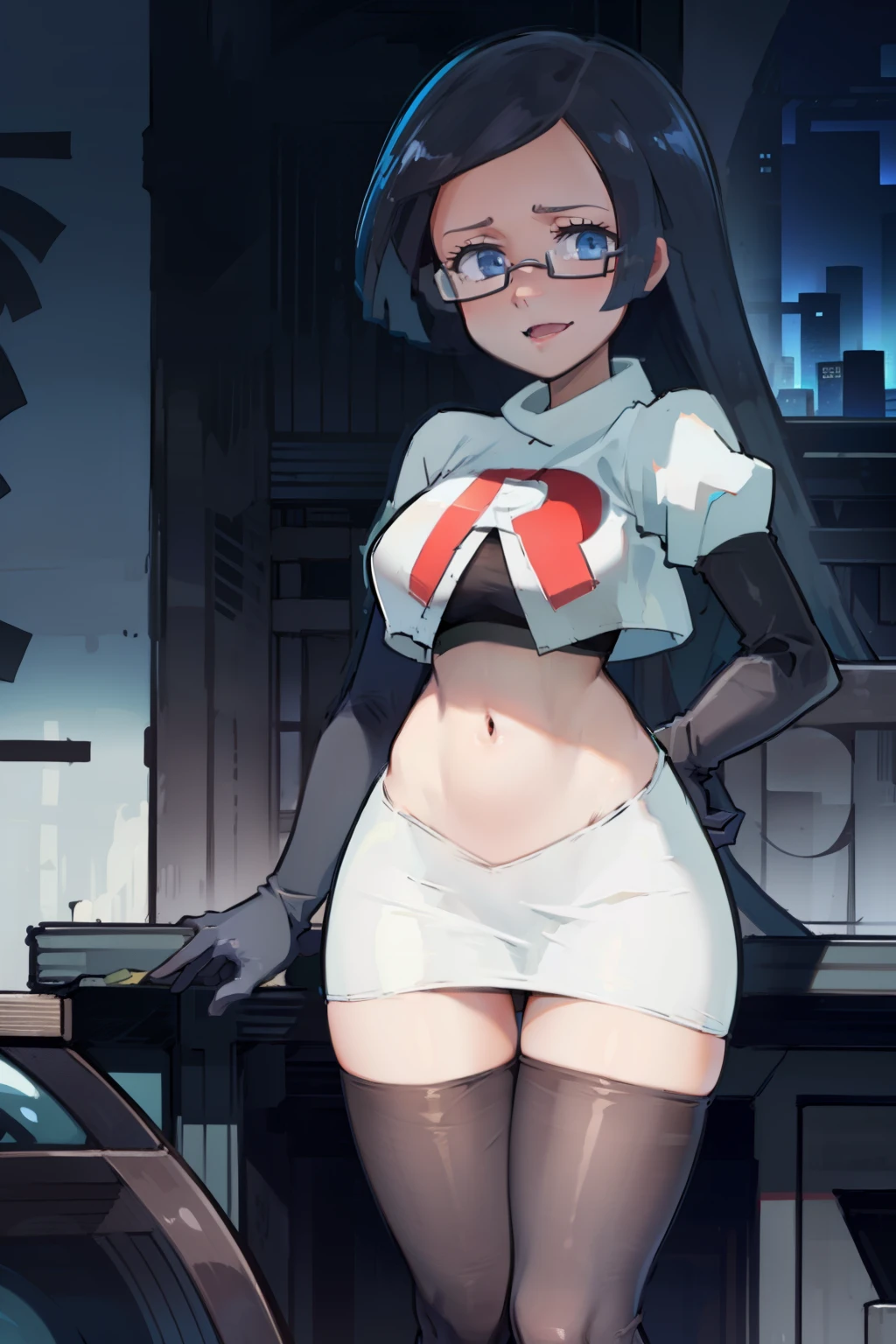 fennel_pk, glasses, team rocket,team rocket uniform, red letter R, white skirt,white crop top,black thigh-highs,black elbow gloves, sinister villianess look,