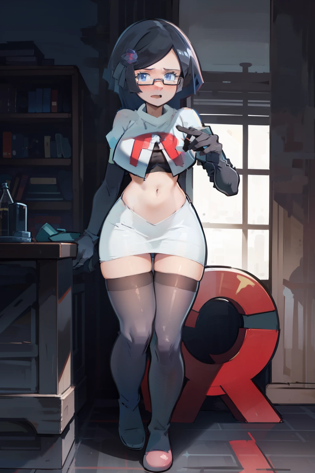 fennel_pk, glasses, team rocket,team rocket uniform, red letter R, white skirt,white crop top,black thigh-highs,black elbow gloves, sinister villianess look,