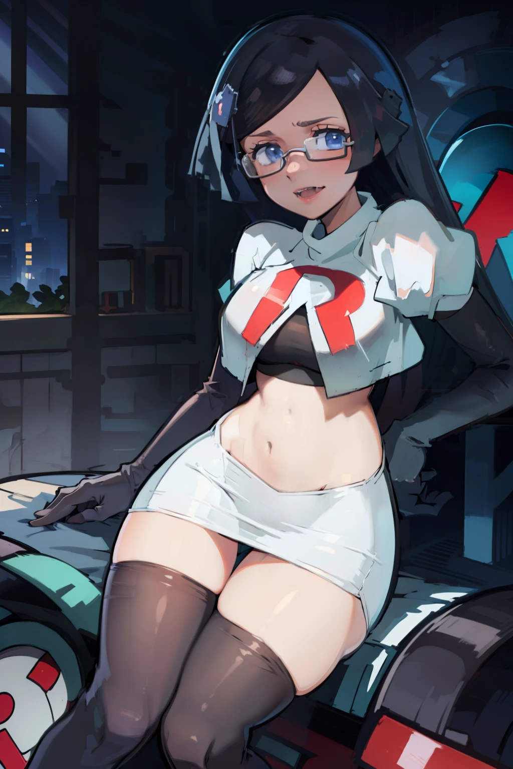 fennel_pk, glasses, team rocket,team rocket uniform, red letter R, white skirt,white crop top,black thigh-highs,black elbow gloves, sinister villianess look,