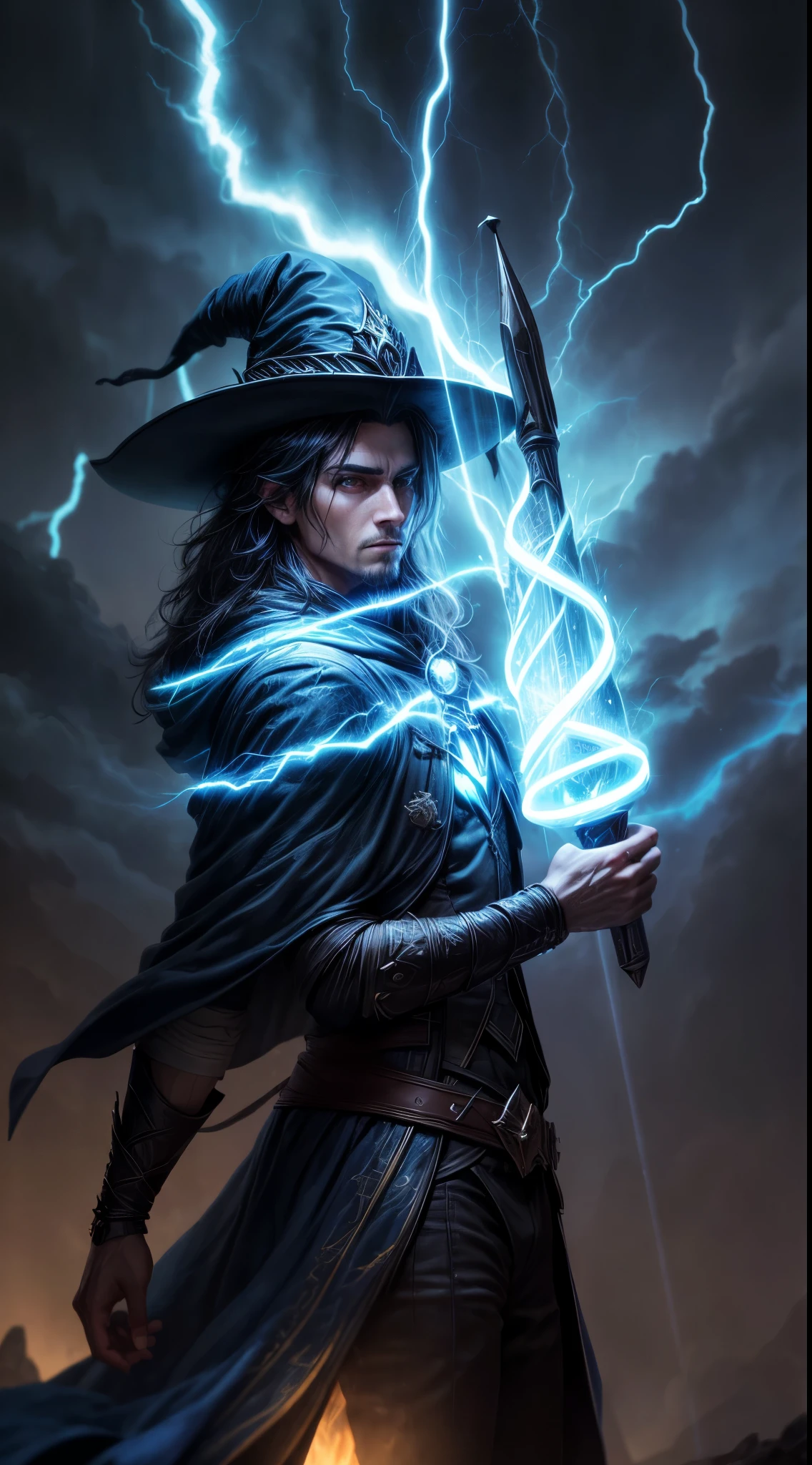 Wizard wizard with glow stick of power, cor roxa, e azul ciano. Lightning falls from the sky in a gloomy and dark setting. Existem arvones negras ao longe no fundo da imagem. Core intensity, Ultra HD |, Upscale.