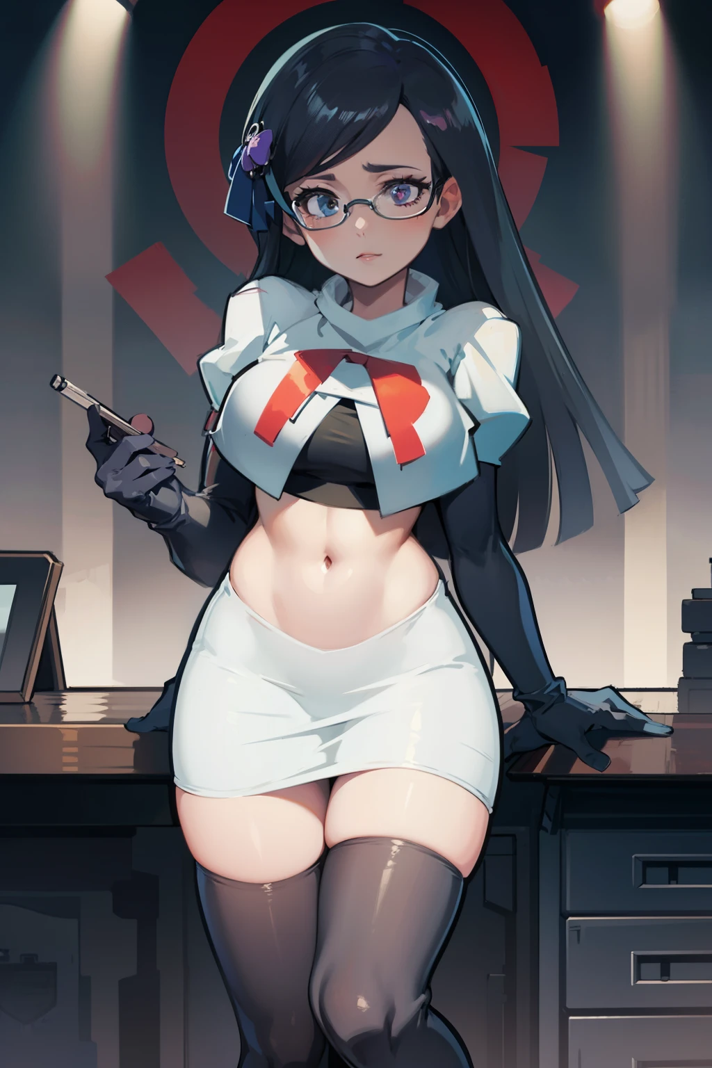 fennel_pk, glasses, team rocket,team rocket uniform, red letter R, white skirt,white crop top,black thigh-highs,black elbow gloves, sinister villianess look,