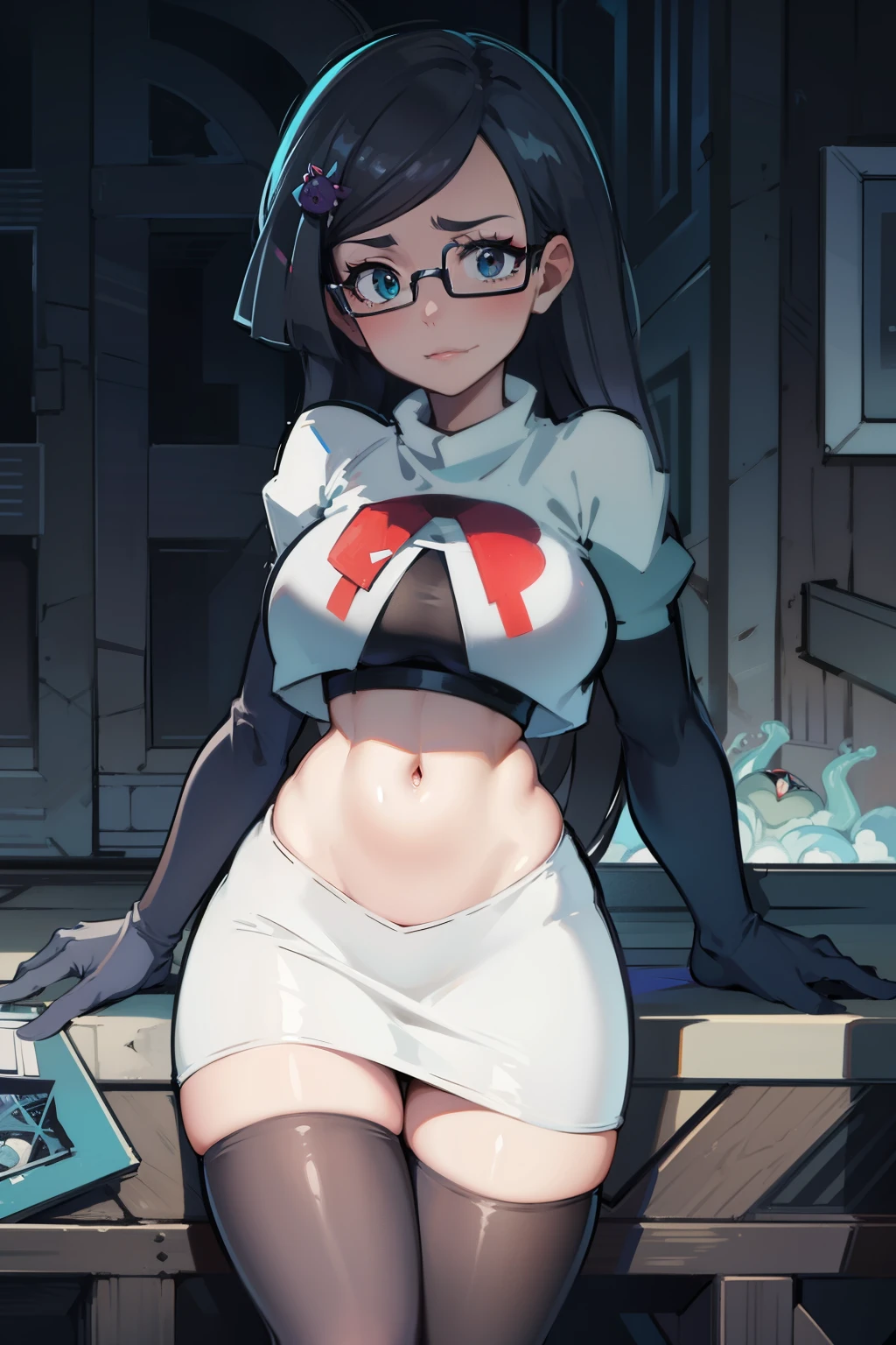 fennel_pk, glasses, team rocket,team rocket uniform, red letter R, white skirt,white crop top,black thigh-highs,black elbow gloves, sinister villianess look,