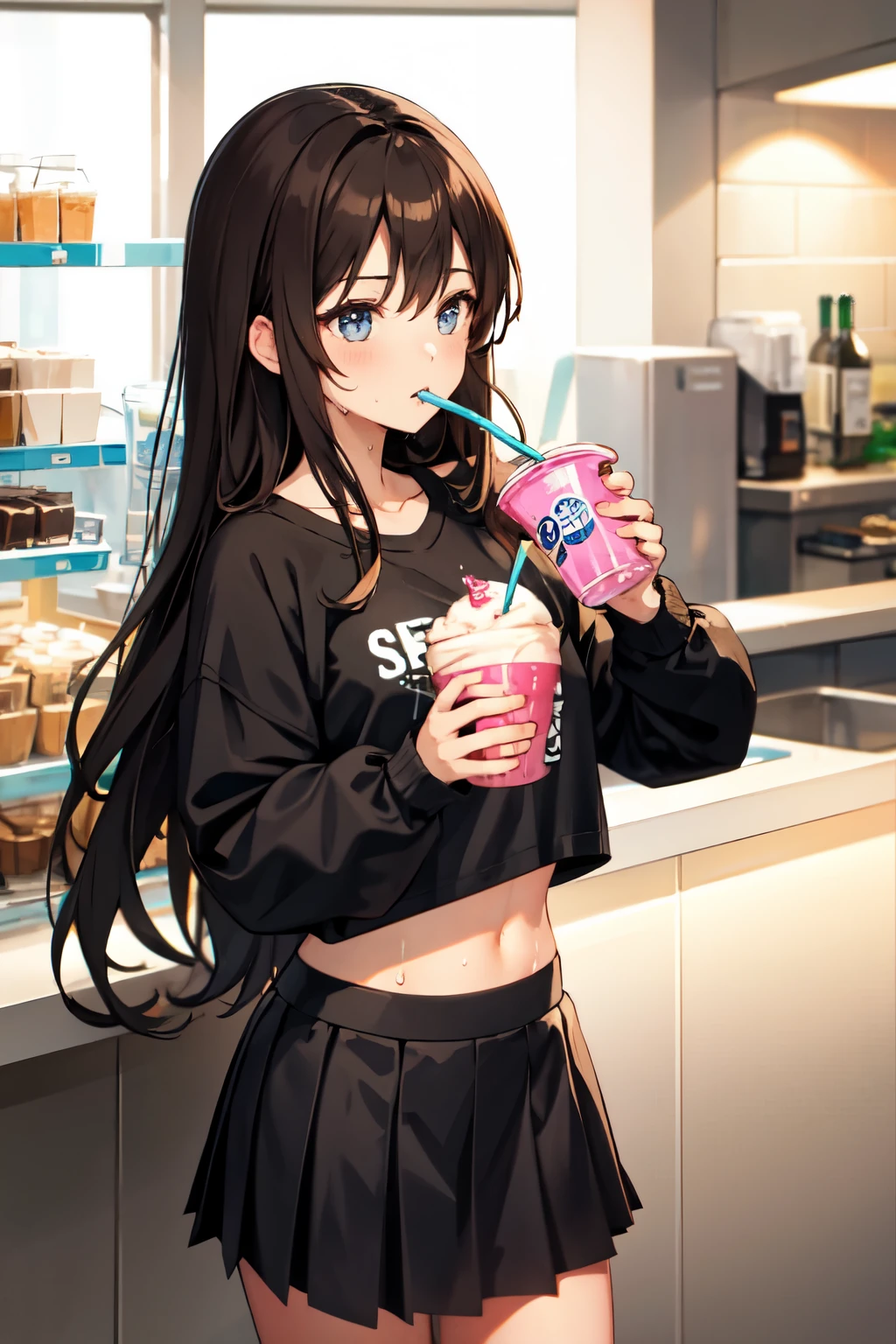 Girl brown long hair, fringe, sweat-shirt and skirt, drinking a milkshake