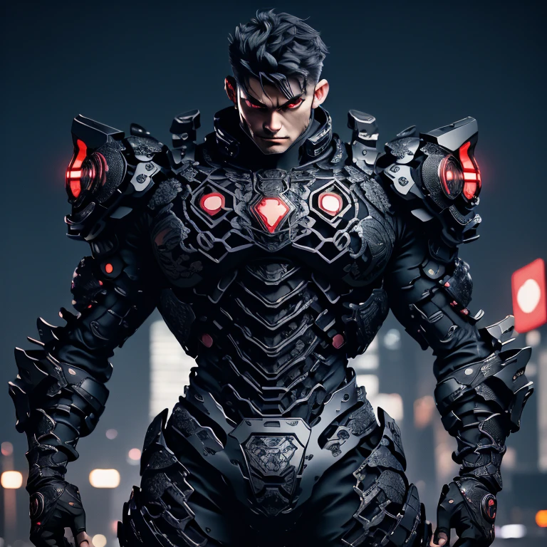 darck hero black beetle red eyes bio mechanical armor furious in the night city neon