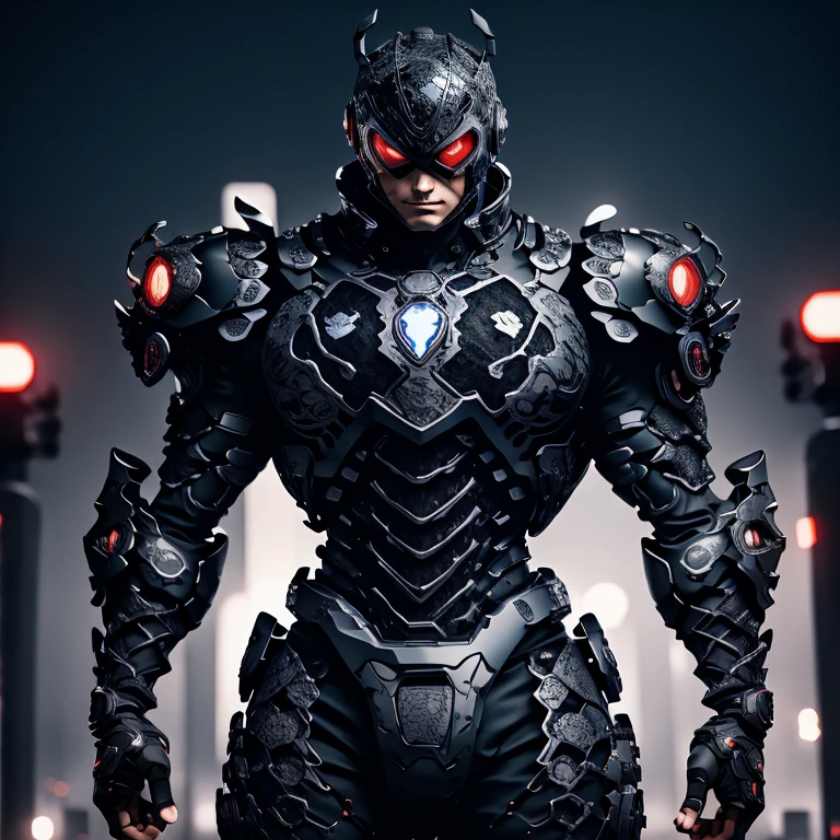 darck hero black beetle red eyes bio mechanical armor furious in the night city neon