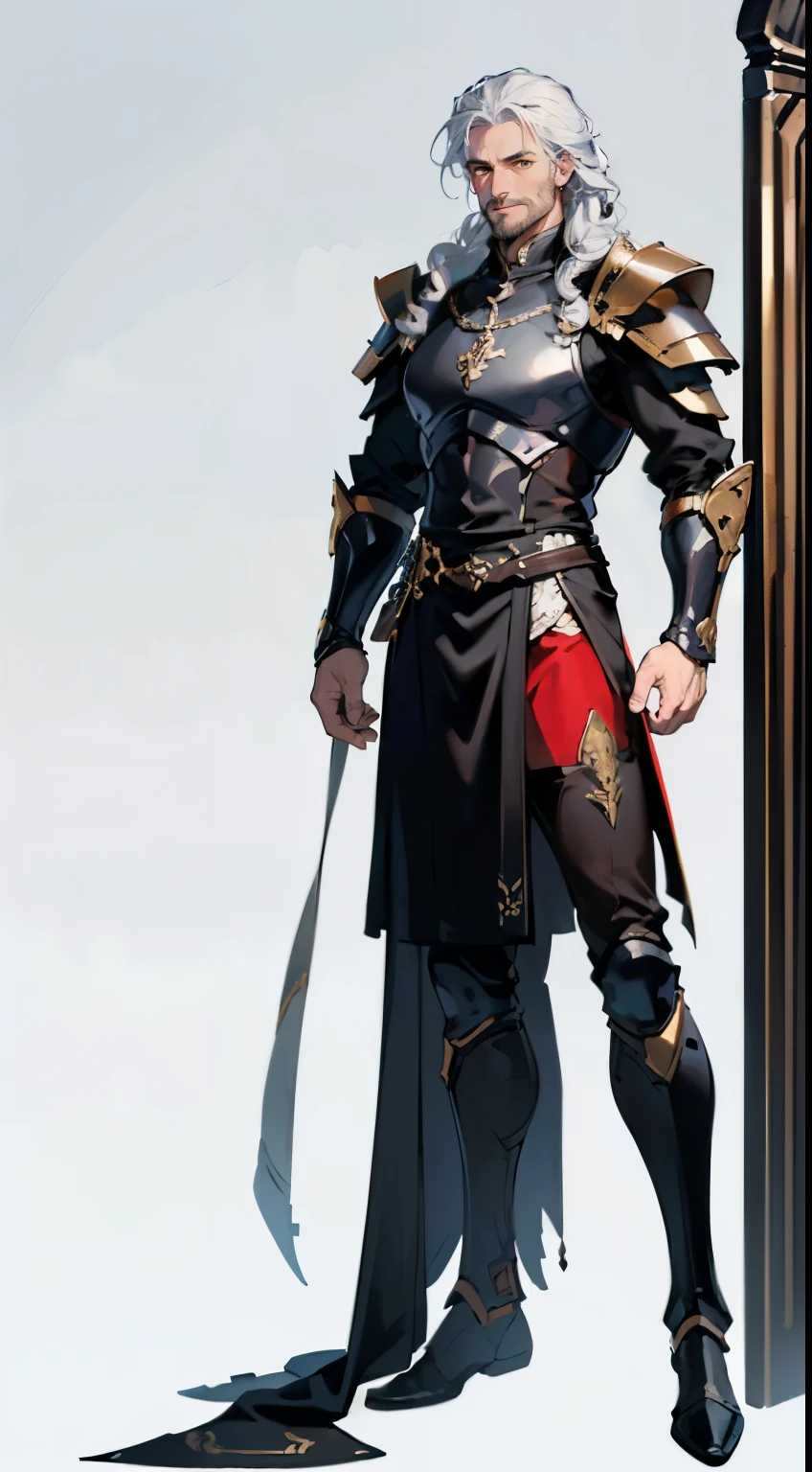 ((masterpiece,best quality,8k,highres,HDR)),((character concept art)), 1 male, middle- adult, Paladin, 200cm tall, gentle smile, warm smile, incredible body build((burly, muscular)), ultra finely detailed eyes (yellow eyes colour), intricate details, man curly hair (white hair colour), short goatee beard, super finely detailed hands, ultra finely detailed fingers(((ten fingers))), Full paladin armor (black colour outfit), standing still, full body showcase, (show full body), (no logos on background), (no logo), ((simple background)), ((plain background)), (((empty background)))