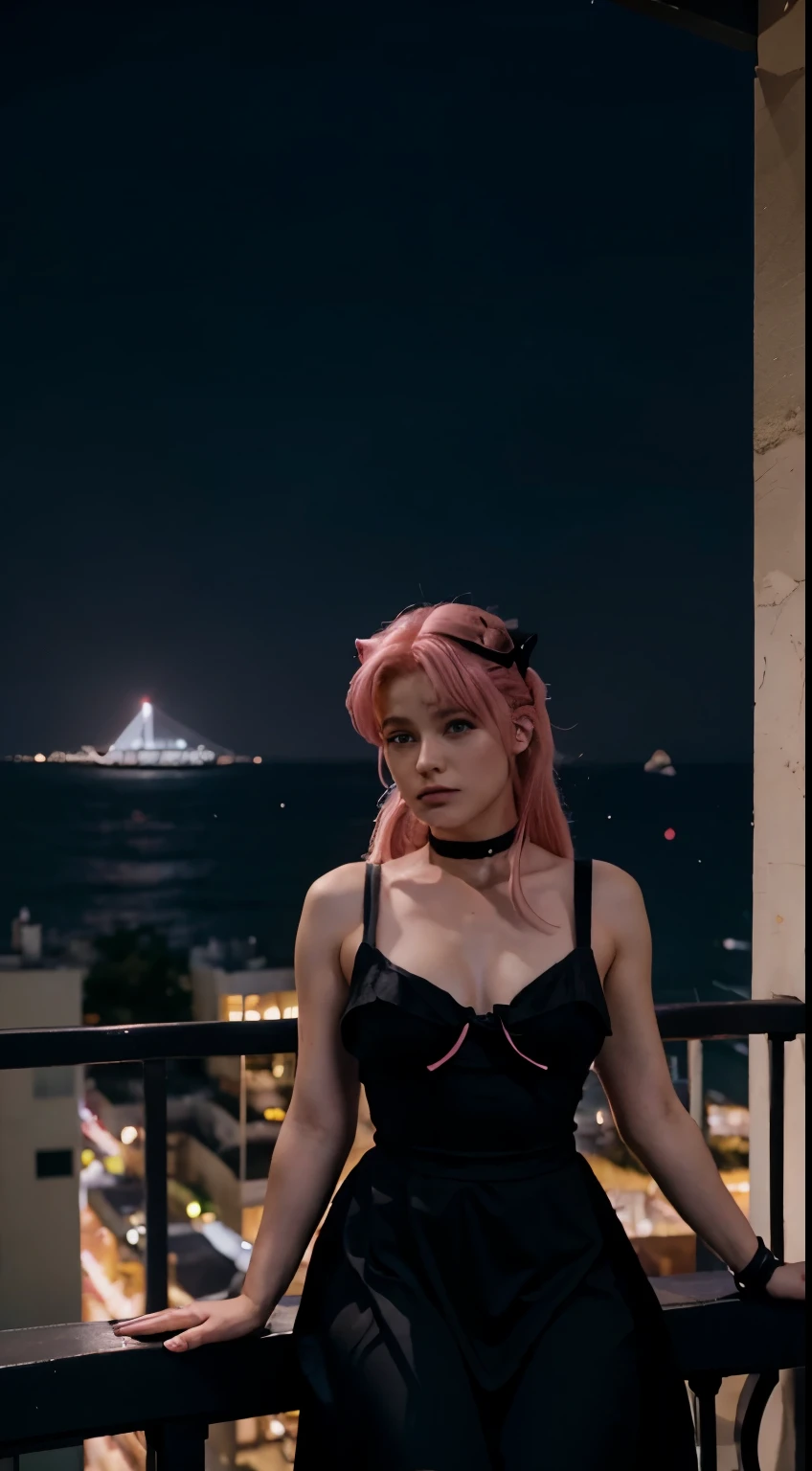 cinematic, photo of an action battle scene, sailor moon with pink hair and black coctail dress, at late night, next to her a cat sitting on a balcony, sailor chibi-moon, black coctail dress directed by Ridley Scott, high contrast lighting --style raw