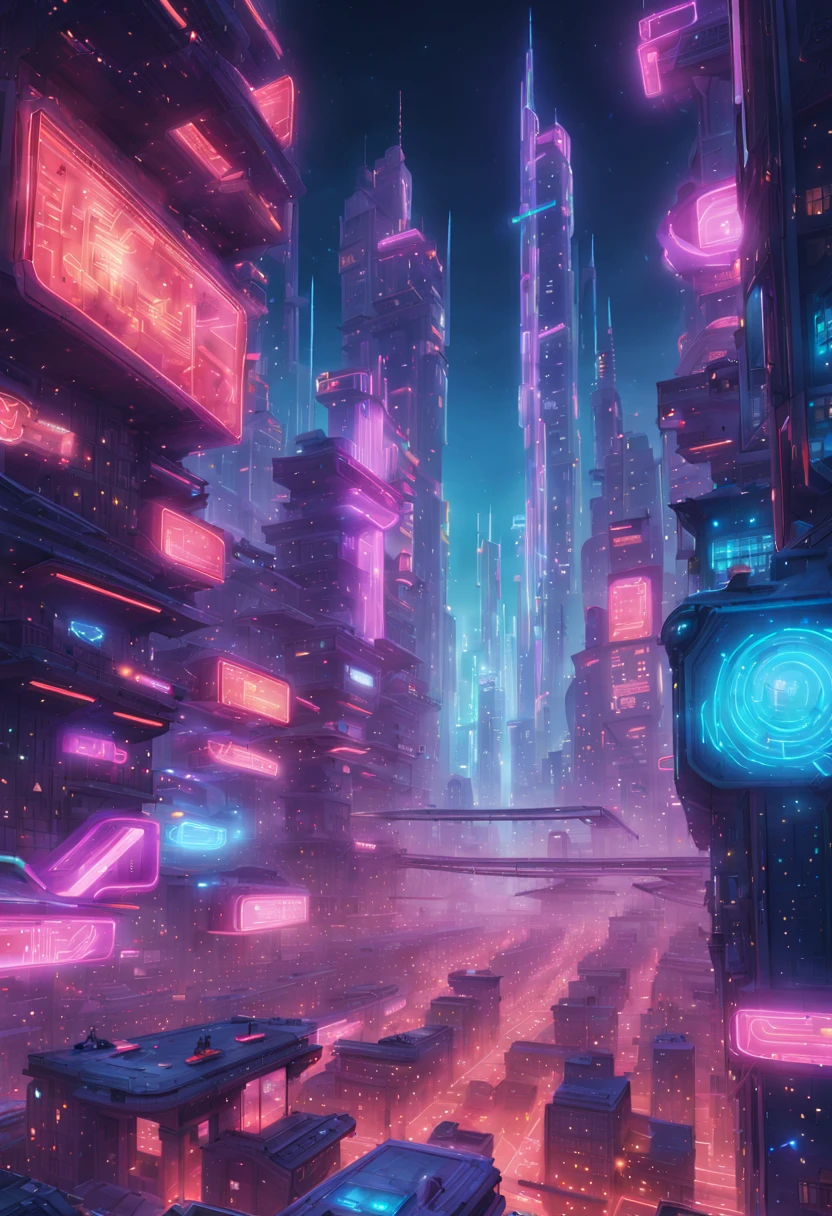 Imaginary futuristic city celebrating New Year, floating holographic displays showing countdown, neon-lit skyscrapers, flying cars emitting soft trails of light, crowds watching from elevated transparent platforms, (cyberpunk aesthetic:1.2) (vivid neon colors) (dynamic angles) (sharp focus)