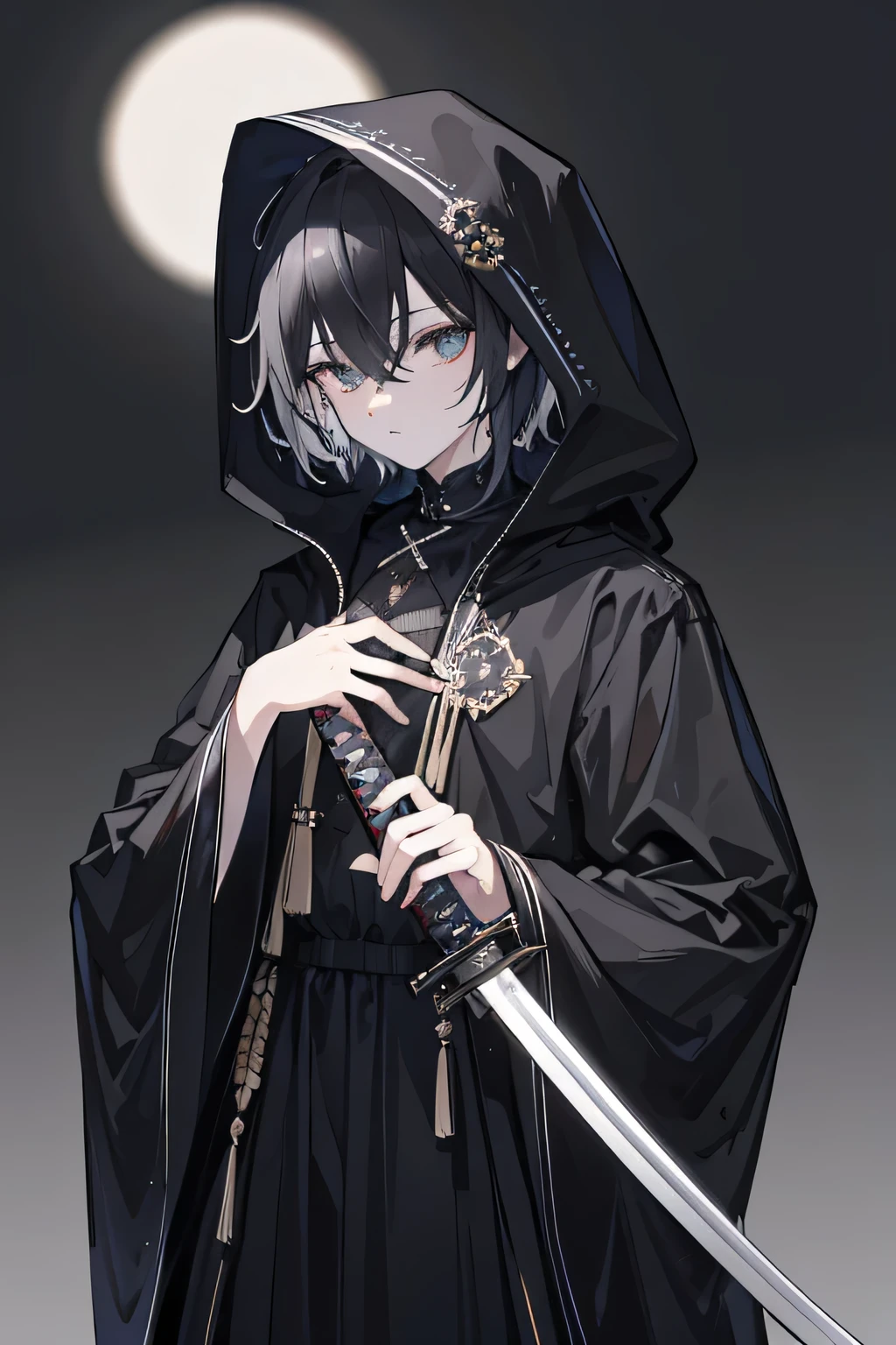 masterpiece, Masterpieces, Distinct, The ultra-Highres, highs quality, super detaill, The smallest details, intriciate detail, Perfect Body, perfect fingers, Solo, Look ahead, black short hair, black right eye, white left eye, odd eyes, lifeless eyes, eyes without focus, Expressionless, melancholy, Dreamy, effeminate boy, black mourning clothes, black veil hood, Wearing a hood, Holding a katana, Grassland background illuminated by the moon