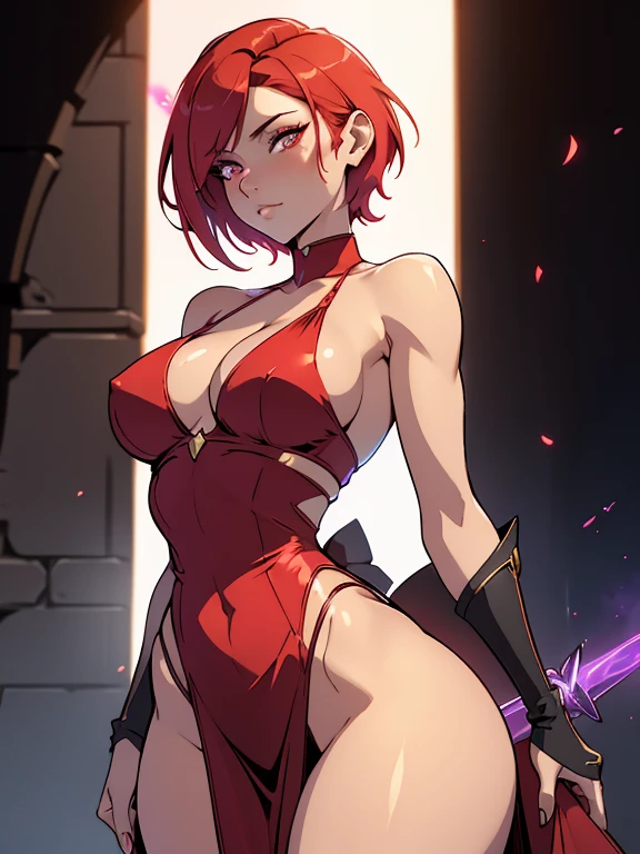 neon red, fantasy sorceress, hot woman, short hair, revealing magic dress, large hips, very small breasts, thick thighs, very thin waist, extremely detailed face and eyes, absurdes, 4k, sexy pose showing her back, dynamic shadows, beautiful lighting