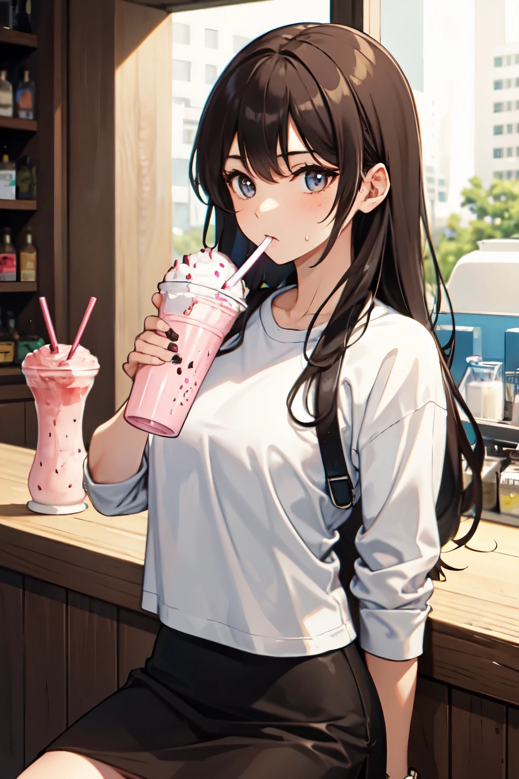 Girl brown long hair, fringe, sweat-shirt and skirt, drinking a milkshake