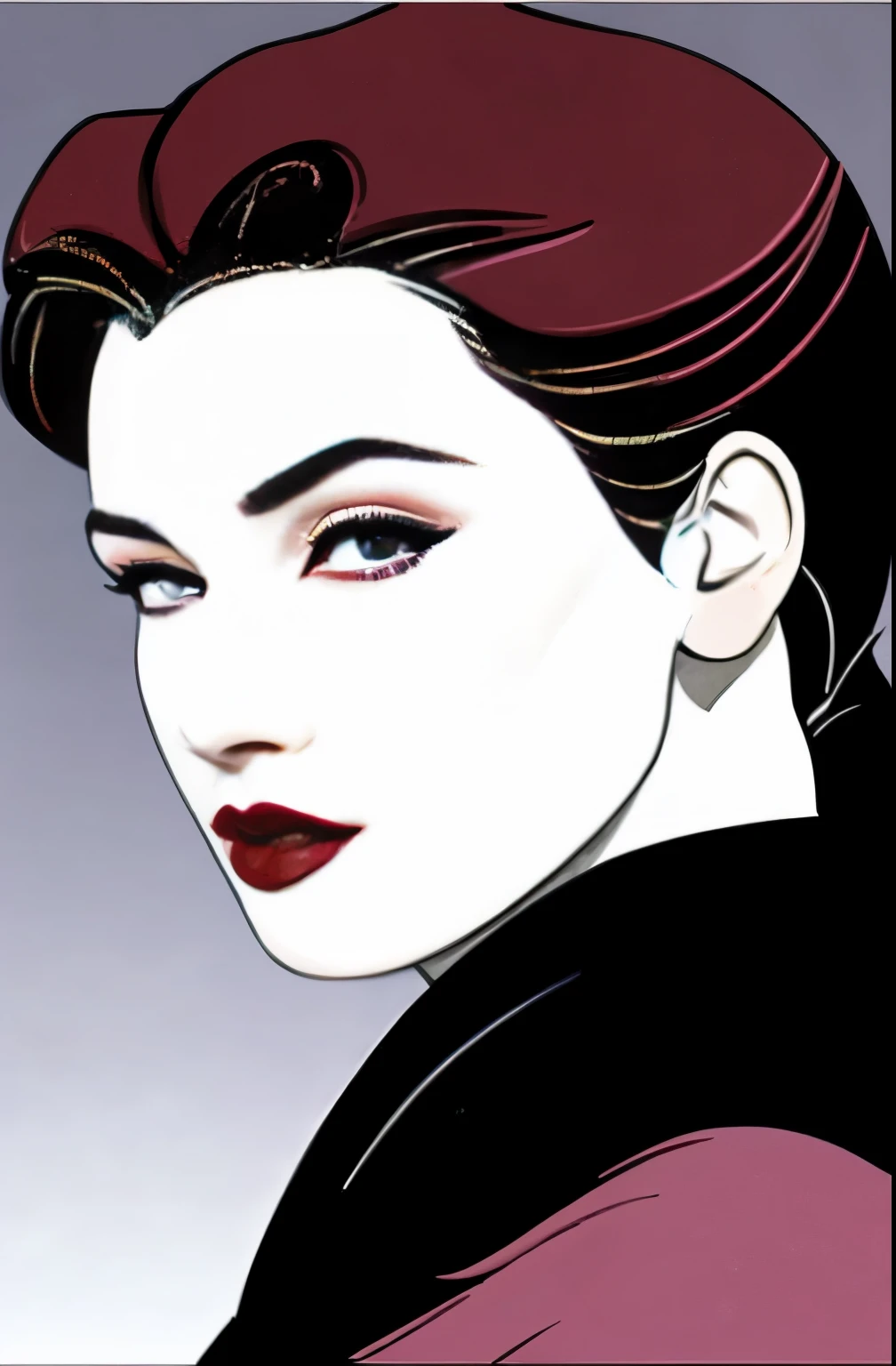 (Masterpiece Art:1.1), (Best Quality), Woman with strapless dress and lipstick, greybackground, Art style by Patrick Nagel, Beautiful, highly detailed painting, (highly detailed slope), (Detailed face), (Detailed eyes:1.1), (Perfect breasts), modelshoot, Professional Photography, Official art, Synth Wave,  8K, hard disk, High quality,  awardwinning, poneyTail,