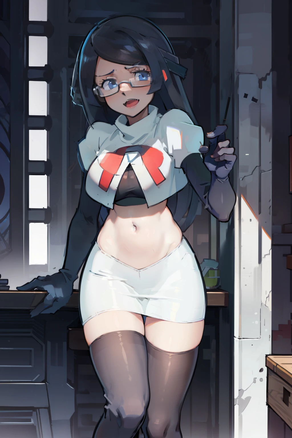 fennel_pk, glasses, team rocket,team rocket uniform, red letter R, white skirt,white crop top,black thigh-highs,black elbow gloves, sinister villianess look,