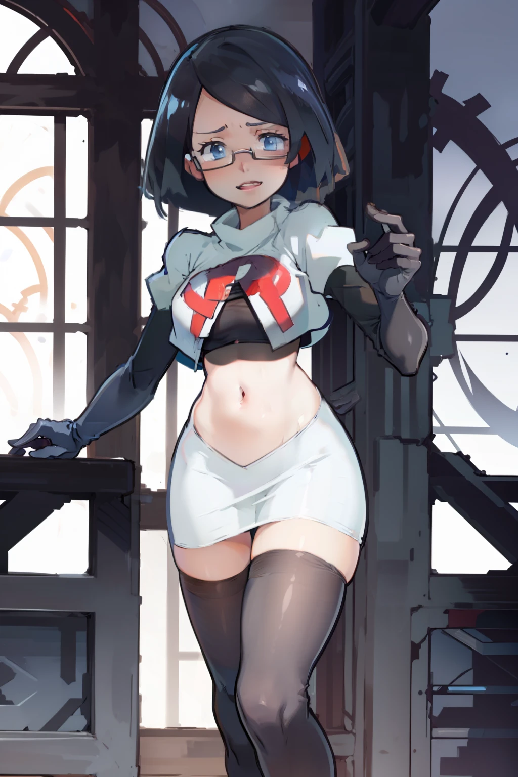 fennel_pk, glasses, team rocket,team rocket uniform, red letter R, white skirt,white crop top,black thigh-highs,black elbow gloves, sinister villianess look,