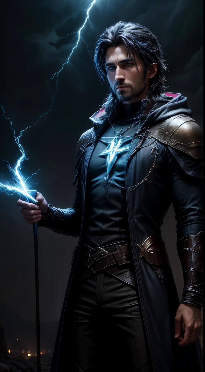 Wizard wizard with glow stick of power, cor roxa, e azul ciano. Lightning falls from the sky in a gloomy and dark setting. Existem arvones negras ao longe no fundo da imagem. Intensidade central, Ultra HD | |, Upscale.