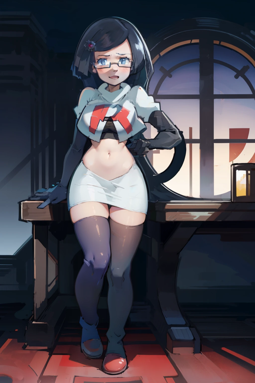 fennel_pk, glasses, team rocket,team rocket uniform, red letter R, white skirt,white crop top,black thigh-highs,black elbow gloves, sinister villianess look,