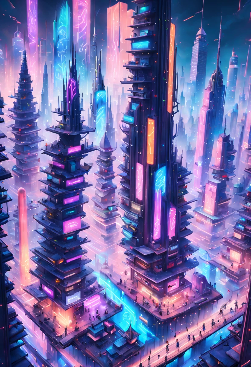 Imaginary futuristic city celebrating New Year, floating holographic displays showing countdown, neon-lit skyscrapers, flying cars emitting soft trails of light, crowds watching from elevated transparent platforms, (cyberpunk aesthetic:1.2) (vivid neon colors) (dynamic angles) (sharp focus)