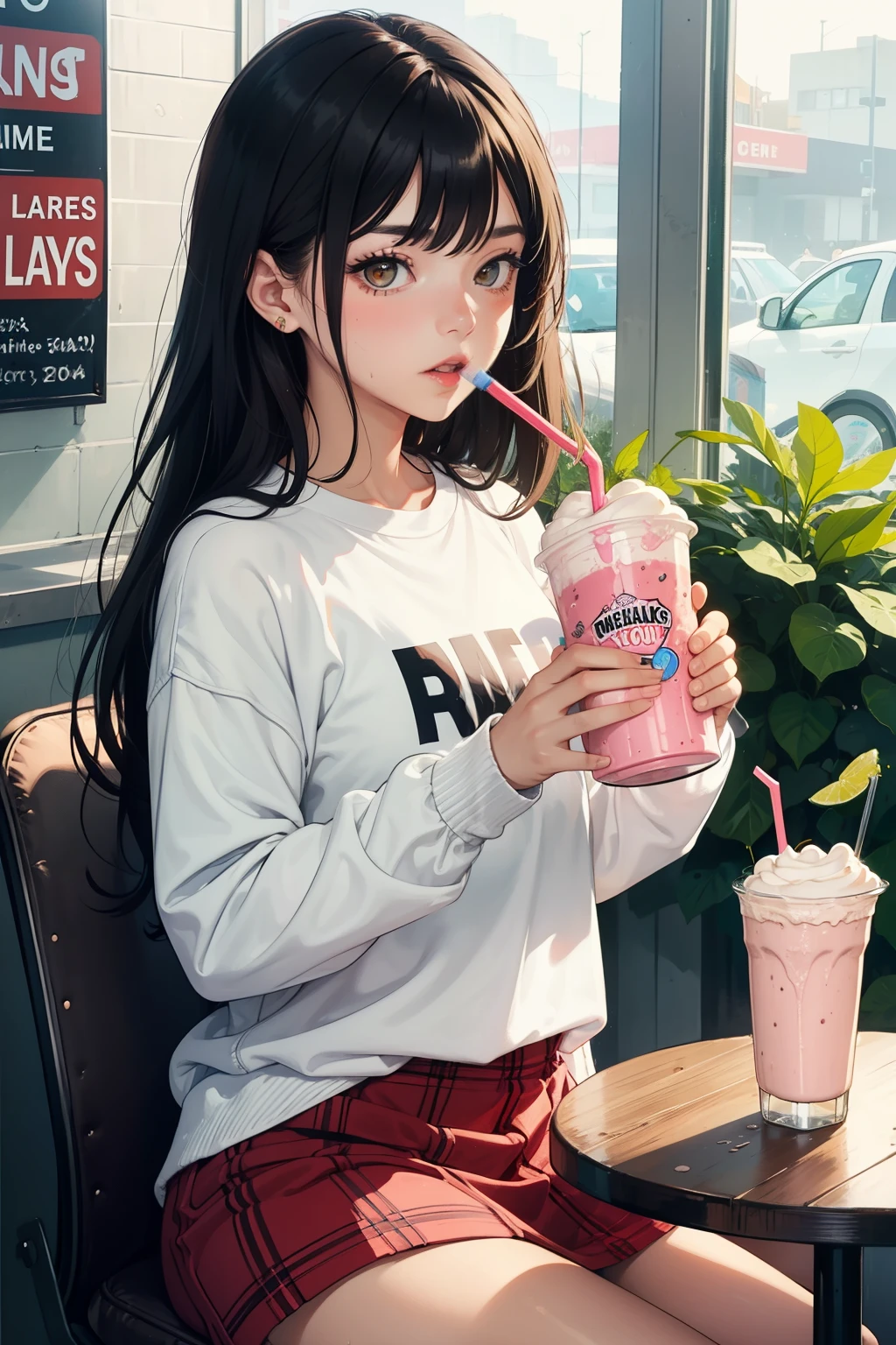 Girl brown long hair, fringe, sweat-shirt and skirt, drinking a milkshake