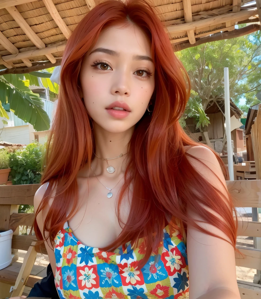 a close up of a woman con el pelo largo y rojo wearing a colorful dress, she has long redcabello naranja, coral brown hair, ulzzang, she has long orange brown hair, con el pelo largo y rojo, cabello rojo claro, cabello largo de color oxidado, red tinted hair, Blackpink Jennie, con el pelo rojo, cabello naranja, con cabello rojo rizado, long wavy cabello naranja