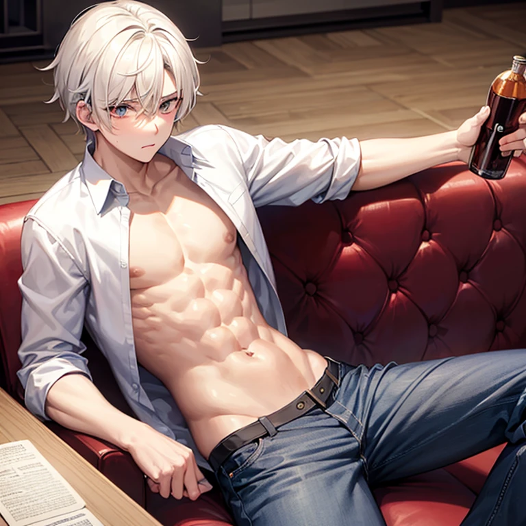 Handsome boy with his half shirt open, his hair white and blushing slightly with a bottle of alcohol in his hand sitting on the couch drunkly